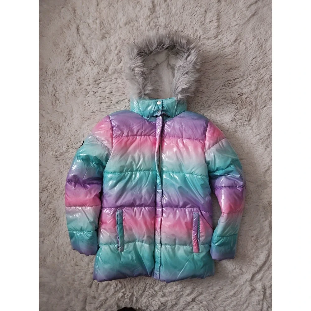 Justice Girls Ombre Metallic Puffer Jacket with Removable Faux Fur Hood